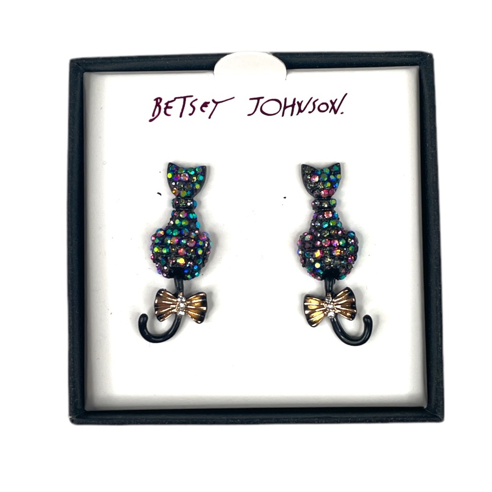 Betsey Johnson Black Cat Rhinestone Earrings Black Gold Tone